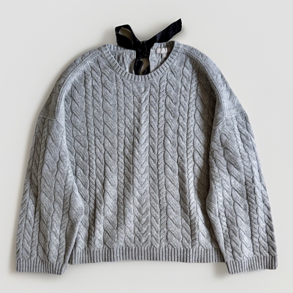 J. CREW Gray Lambswool Blend Cable Knit Sweater XL Back Bow Tie Preppy Academia
